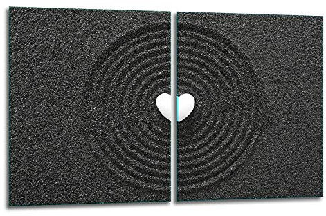 TMK | Herdabdeckplatten Set 2x40x52 cm Ceranfeld Abdeckung Glas Spritzschutz Abdeckplatte Glasplatte Herd Ceranfeldabdeckung Deko Schneidebrett | Schwarz Herz