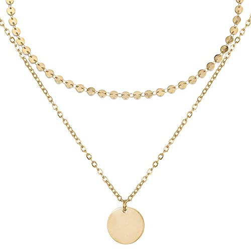 BONNYBIRD® Boho Kette Gold Damen Edelstahl Schmuck Goldkette Frauen Ketten Set Layering Halskette Wasserfest Vergoldet mit Anhänger Plättchen Doppelkette Bohemian Goldschmuck