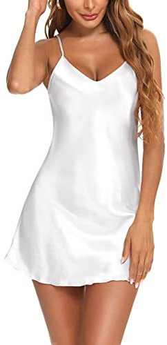 Litherday Camisón Satén Mujer Sexy Corto Verano con Cuello en V y Tirantes Ajustables – Ropa de Dormir Ligera y Suave para Novia y Mujer, Blanco, M