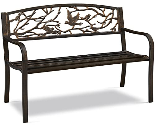 Yaheetech Panca da Giardino in Ferro 127 cm × 52 cm × 86 cm Panchina da Patio con Braccioli Schienale con Motivi Primaverili Portata 180 kg Bronzo