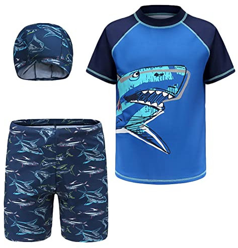 SEAUR Kinder Jungen Badeanzug UV Schutz Rash Guard Kurzarm 3 Teilig Badeset mit Badekappe Schwimmshirt Badehose - 5XL(140-146)