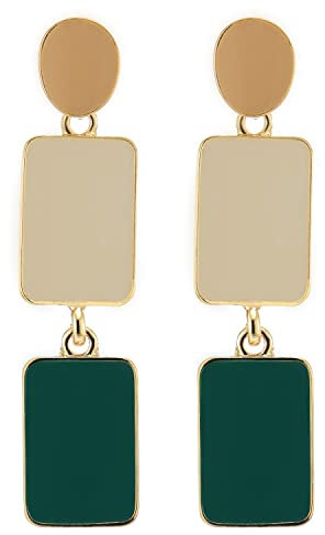 Art Deco Goldfarben Kreis Rechteck Statement Baumeln Tropfen Ohrstecker Ohrringe mit Beige und Grün Emaille