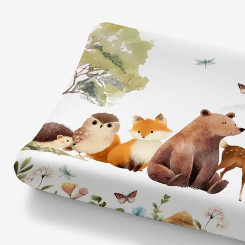HawSkgFub Animal Friends Changing Pad Cover for Baby Girl Boy, Natural Forest Deer Bear Fox Owl Diaper Change Table Covers, Soft Stretchy Safe Snug Fitted Changing Mat Sheet Fit 32/34 x 16