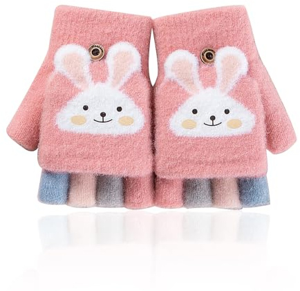 1 Pair Of Children's Rabbit Gloves, Fingerless Gloves, Pink Gloves, Cartoon Gloves For Girls, Warm Flip-up Gloves For Winter
