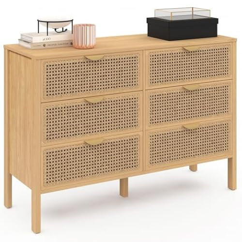 IDMarket - Commode 6 tiroirs EDHEN 115 cm Bois et cannage