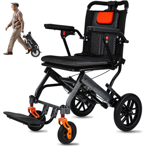SOFTFISH Wheelchairs for Adults Support for 220LBS, Transport Wheelchair with Pull Rod, Portable Travel Wheelchair with 10 Honeycomb Wheels, Transport Wheelchair Lightweight Foldable for Outing
