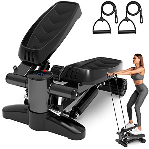 Stepper, Tohoyard Mini Stepper für Zuhause 150kg mit Widerstandsbändern, LCD Display, Großen Pedalen, Stepper Hometrainer für Anfänger & Fortgeschrittene, Fitnessgeräte für Zuhause, Schwarz