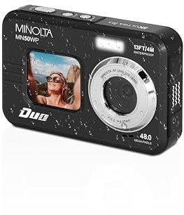 Minolta 48MP Underwater Digital Camera – 5K Ultra HD Video, Autofocus, 16x Digital Zoom, Dual LCD Screens, Selfie Front Screen, Waterproof to 13ft, Rechargeable Battery, 32GB Card (Black)
