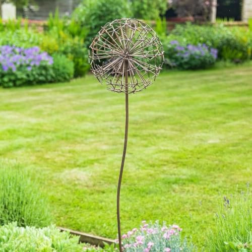 Core-Ten Rusty Metal Dandelion Flower Head on Long Stake Garden Ornament 122cm High