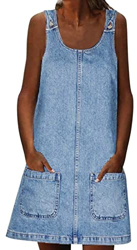 MODSGUE Vestido vaquero para mujer, peto, falda vaquera, tirantes, vestido informal, básica, longitud media, cómoda, mono con bolsillos, azul, L