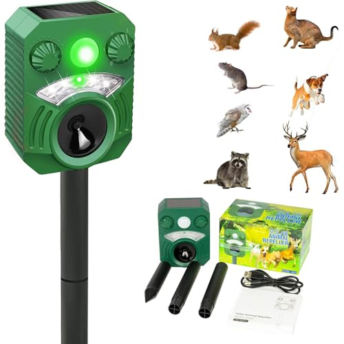 Joomouney Cat Repellent, Cat Repellent Deterrent for Gardens UK, Animal Scarer Ultrasonic Deterrent with PIR Sensor & Flash 5 Adjustment Modes, IPX4 Waterproof Solar USB Charging for Dog Fox Bird