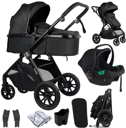 For Your Little One Cruise 3-in-1 Travel System with i-Size Car Seat, Stroller, 13kg Pram, Height Adjustable Handle, Pram, Newborn 0-4 Years Free Raincover and Cupholder (Eclipse Black)