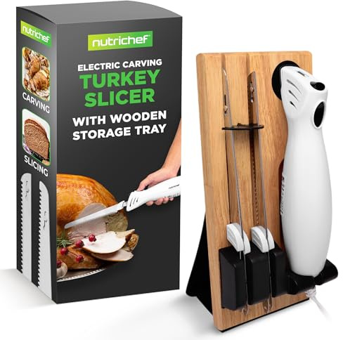 NutriChef Electric Carving Turkey Slicer Kitchen Knife | For Thanksgiving | Portable Electrical Food Cutter Knife Set with Carve Blades & Wood Stand | Cuts Meat, Bread, Cheese & Fruit | White