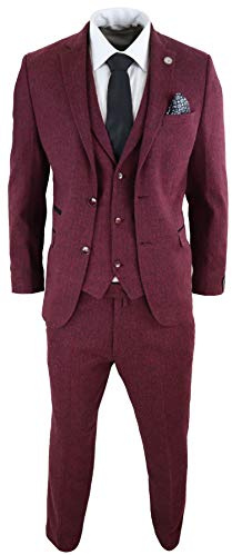 TruClothing.com Abito da Uomo 3 Pezzi Bordeaux Nero Classico in Lana Tweed