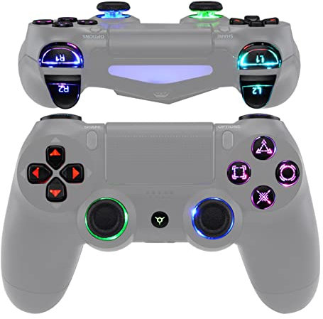 eXtremeRate Tasten DTFS LED Kit für ps4, Upgrade LED Mod Chip&Ersatz Aktionstasten D-Pad Trigger Buttons Thumbsticks, 10 Farbmodi 7 Areas Leucht Symboltaste Zubehör für ps4 Controller CUH-ZCT2-Schwarz