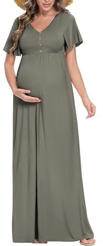 Peauty Vestidos de Maternidad de Verano para Mujer, Vestido de Maternidad para sesión de Fotos con Botones Decorativos, Vestido de Baby Shower, Verde Gris, Large