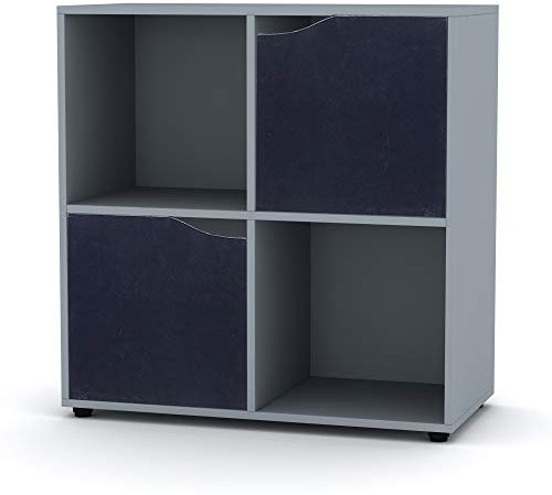 URBNLIVING Estantería de madera gris con cubo de madera, estante de madera para puerta (estantería gris y puertas negras, 4 cubos)