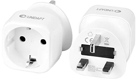 2 Pack EU to UK Plug Adapter, Unidapt European to UK Plug Adaptor, Euro Schuko 2 pin to 3 pin Adapter plug, Travel Adaptors, Europe German French Spanish Polish Turkish to British Adapter, Type G