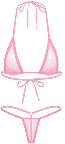 Agoky transparent meshbikini set för att knyta extrem sjögögrön baddräkt nackhållare bikini topp behå mikro-string sexig baddräkt badmode, ROSA, En Storlek