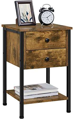 Yaheetech Side Table Nightstand 2-Drawer Industrial Vintage End Table Metal Frame Bedside Table with 2 Drawers and 1 Open Shelf for Living Room/Bedroom/Office,Rustic Brown
