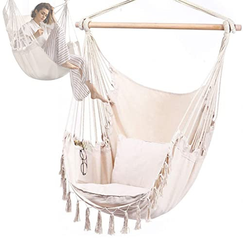 OLAMASA Chaise Suspendue Fauteuil Suspendu Siège Hamac Super Grande Chaise en Tissu de Corde de Coton Filé Doux Hamacs Suspendus Chaise Balançoire pour Intérieur Extérieur (White)