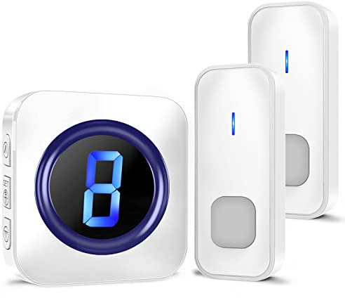 Doorbell, Waterproof Plug in Electric Wireless Door Bells Chime Kit at 1,300ft Long Range with 2 Cordless Battery Operated Buttons, 55 Melodies, 5 Volume Levels and LED Flash Number Display, White