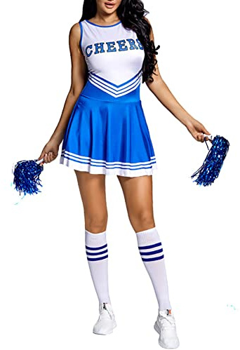 Zaldita Damen Cheer Leader Kostüm Ärmellos Cheerleading Minikleid mit Pompons + Socken High School Uniform Party Cosplay Outfit Blau L