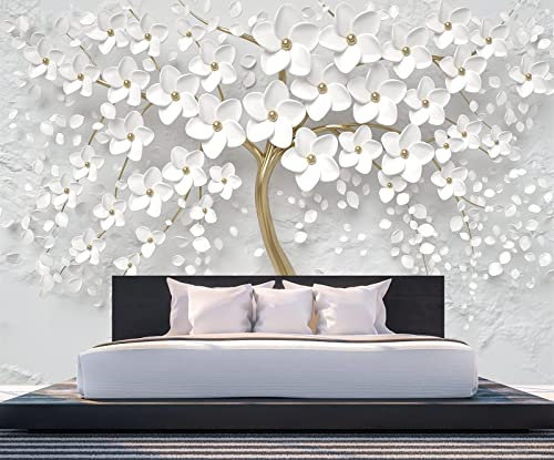 Papier Peint Panoramique Fleur D'Arbre Blanche Papier Peint Intissé 3D Tapisserie Poster Decoration Murale Chambre Salon