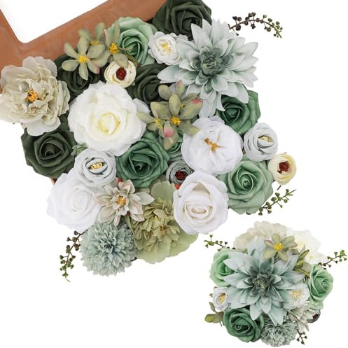 Kisflower Grüne künstliche Blume, Kombi, künstliche Rosen, künstliche Dahlie, Blumen mit Stielen für DIY, Hochzeit, Brautstrauß, Party, Heimdekorationen