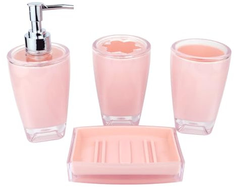 Juego de accesorios de baño de plástico acrílico dispensador de jabón, soporte para cepillo de dientes, taza para cepillo de dientes, jabonera, accesorios de baño rosa, juego de 4 piezas (rosa)