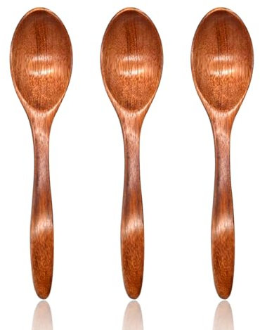 Wooden Spoon Set of 3, 7'' Natural Wooden Soup Spoon Teaspoons Coffee Spoon Wooden Cutlery Spoons for Tea Honey Sugar Rice Mixing Stirring Eating