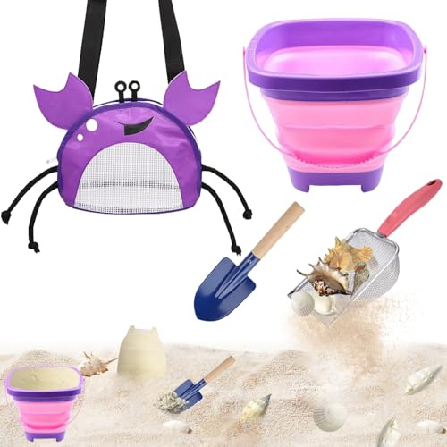 YOOLEETC 4 pala in rete per giocattoli da spiaggia e borsa da spiaggia in rete, con secchio pieghevole e pala, per filtro a sabbia e raccogliere conchiglie (granchio viola