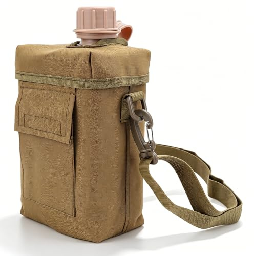 Bewinner Outdoor Water Bottle - 2L Portable Water Canteen with Waist Bag, Multi Fuctional PVC Flat Camping Water Bottle for Military Surplus or Bushcraft Gear (Khaki)