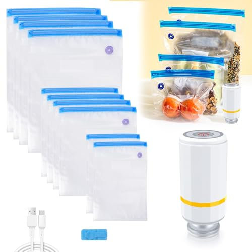 Machine Sous Vide Alimentaire,Scelleur Sous Vide Automatique avec 10 Sacs Sous Vide Réutilisables Portable, Appareil de Mise Sous Vide Cuisine pour Cuisson Sous Vide et Stockage Aliments (micro usb)