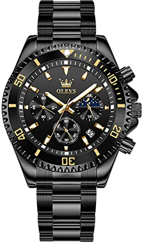 OLEVS Armbanduhr Herren Klassisches Luxus Schwarz Edelstahl Herrenuhr Gold Multifunctional Chronograph Analog Quarz Uhren für Männer mit Datum Geschenke Wasserdicht Leuchtend Business Kleid Uhren