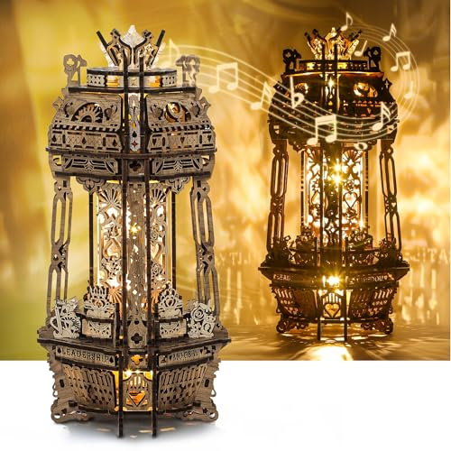 FUNPOLA Lampada Proiettore LED 3D Mondo Poker Puzzle in legno - Kit fai da te con luci LED e scatola musicale - Lampada Poker Creativa, Regalo Luce Notturna per la Decorazione della Casa (Bianco)