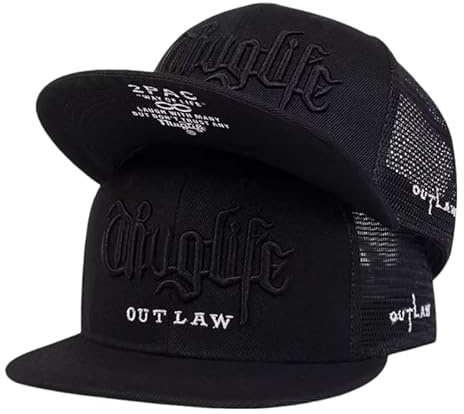 Doniya Fitness Tupac Thug Life Outlaw Baseball Cap, Black/White, Flat Brim Snapback (UK, Alpha, One Size, All Black - Mesh)