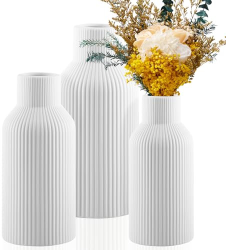 Vase Décoratif FoiiLiio Lot de 3 Vases pour Fleurs (Grand + Moyen + Petit) Vase Ceramique Blanc pour Décoration de Table et Fleurs Séchées, la Maison, Bureau