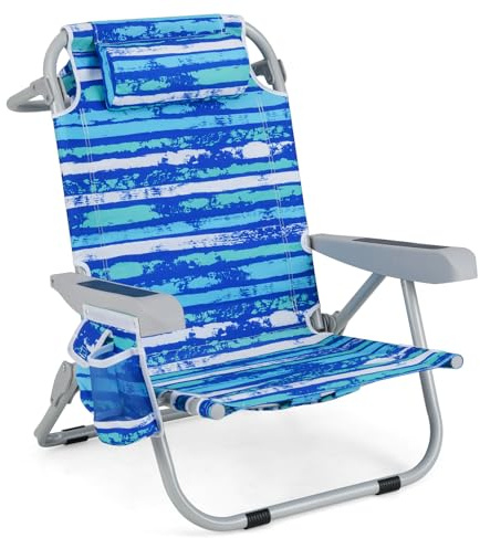 GYMAX Beach Chair, 330lbs Backpack Lounger with 5-Position Backrest, Storage Bag, Side Pocket, Towel Bar & Headrest, Foldable Low Beach Lounge, Portable Aluminum Lay Out Camp Chair (Blue Stripe,1)