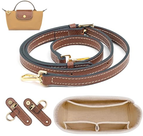 LOUKAYCCI 2 Kit Mini Bag Leather Shoulder Strap and Felt Purse Organizer Insert for Longchamp mini XS Bag Punch-Free Adjustable Buckle Design（Beige & Strap）