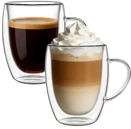 Goldmeet Double Glass Coffee Cups,Set of 2 350ml Insulated Glass Coffee Cup Without Handle, Cappuccino Latte Macchiato Glasses Cups for Hot Chocolate, Espresso Cups, Dishwasher Safe