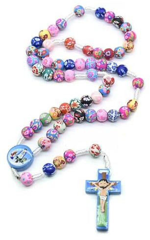 KOGMMYSEVP Chapelet pour enfants Perles en polymère colorées Garçon bleu Fille rose Chapelet noué en bois Collier avec pendentif croix, 490mm