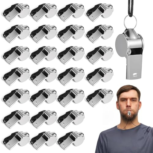 Aiyorse 100 Pcs Stainless Steel Whistle Bulk with Lanyard, Loud, Clear Sound Metal Referee Whistle Bulk Sports Whistles for Teachers, Coaches, Police, Referees, Survival Kits & Outdoor Safety