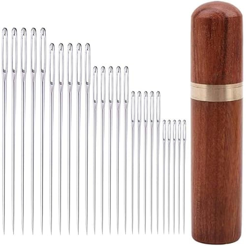 25Pcs Large Eye Sewing Needles, 5 Sizes Self Threading Embroidery Needle with Wooden Needle Case Yarn Knitting Embroidery-Needles for Hand Sewing DIY