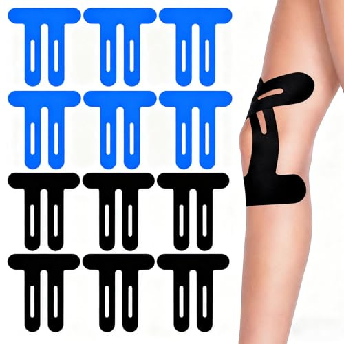 12 Pezzi Kinesio Tape, Nastro Kinesiologico Elastico e Impermeabile Nero e Blu per Dolore al Ginocchio, Supporto per Ginocchia Spalle Caviglie Polsi, Riduce Disagio Muscolare Sport e Quotidiano