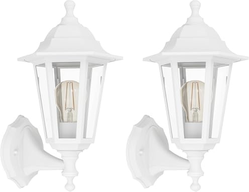 Eglo Olgiata-E - Lampada da parete per esterni, stile vintage, applique a lanterna, in plastica bianca e trasparente, attacco E27, IP44 (Confezione da 2)
