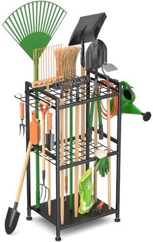 WELDUN Organizador de herramientas de jardín para garaje, soporte para herramientas de jardín para 35 herramientas de mango largo, gestión de garaje con gancho para escoba, fregona, rastrillo, pala