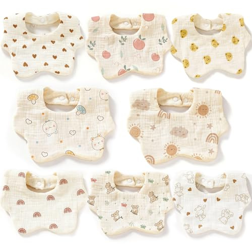 CHUANFU 8 st chiffonghaklappar, 100 % bomull, babyhaklappar, mycket absorberande, justerbar haklapp för unisex flickor och pojkar, halka och tänder