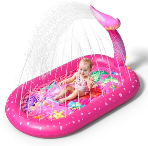 Inflatable Paddling Pool for Kids, Splash Pad for Kids, 3 in 1 Mermaid Pattern Kids Pool Inflatables, Thickened Material with Water Pipe, Backyard Summer Water Toys for Boys and Girls Age 1+