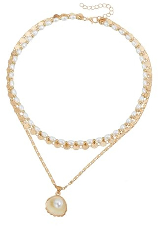 Whoasyst imitation pärlor snäcka hänge halsband halsband med geometrisk legering berlock mångsidig smycken tillbehör nyckelbenskedja